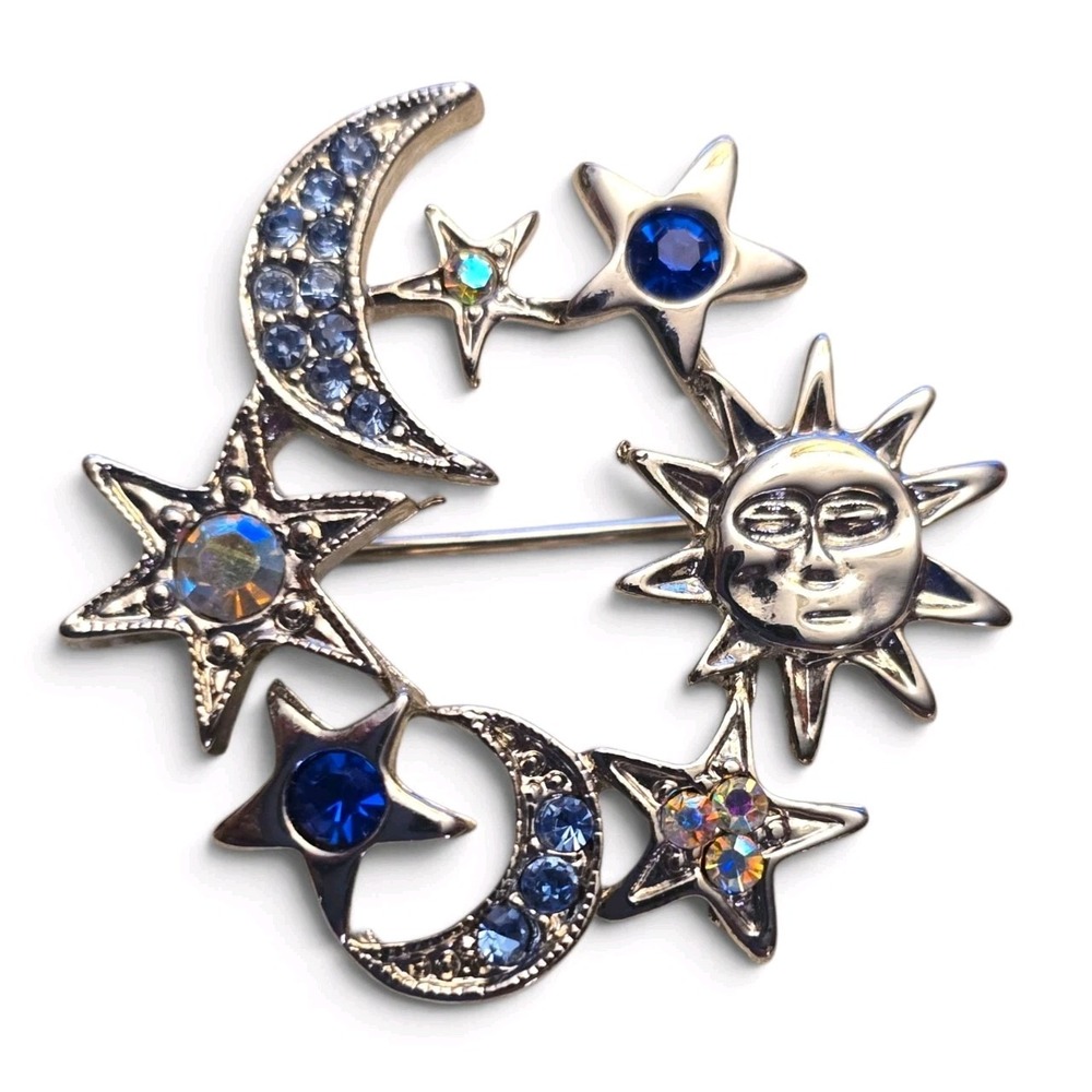 Vintage Celestial Sun Moon Stars Brooch Blue Rhinestone Silver Tone 1.25"